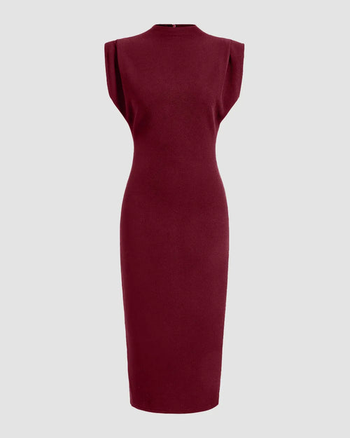 Burgundy Structured Shoulder Bodycon Midi Dress