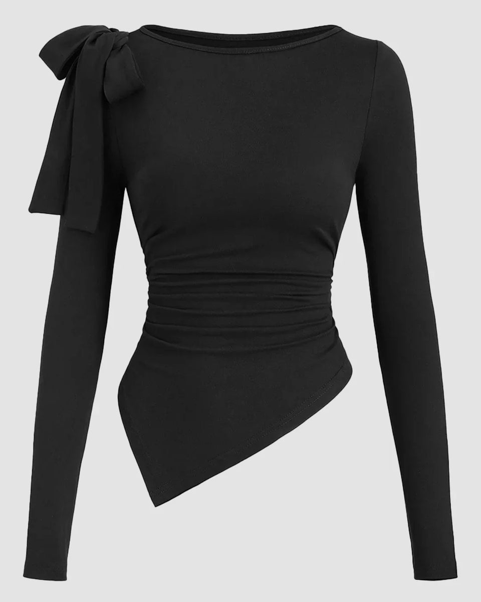 Black One Shoulder Bow Detail Full Sleeve Top - Main Image