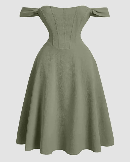 Herbal Faux Fishbone Design Romantic One-Shoulder Dress Curve & Plus
