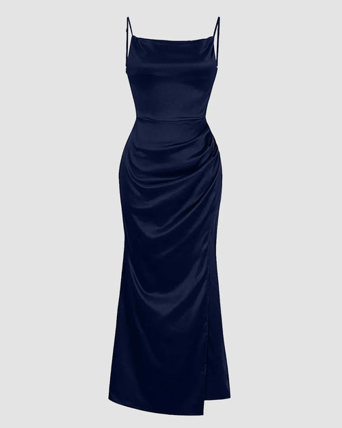 Cowl Neck Ruched Slit Sleeveless Satin Maxi Dress in Navy Blue