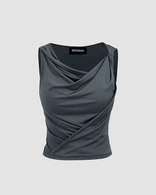 Cowl Neck Knotted Crop Tank Top In Grey