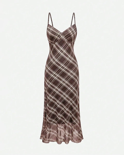V-Neck Slim Fit Plaid Sleeveless Maxi Dress