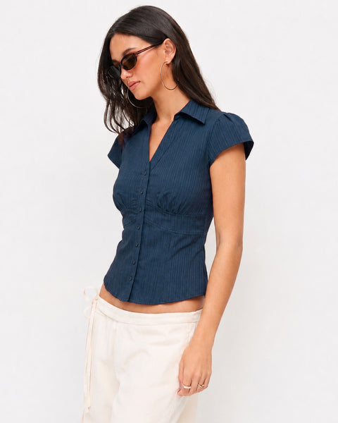 Ruched Waist Collared Button Front Shirt in Pageant Blue