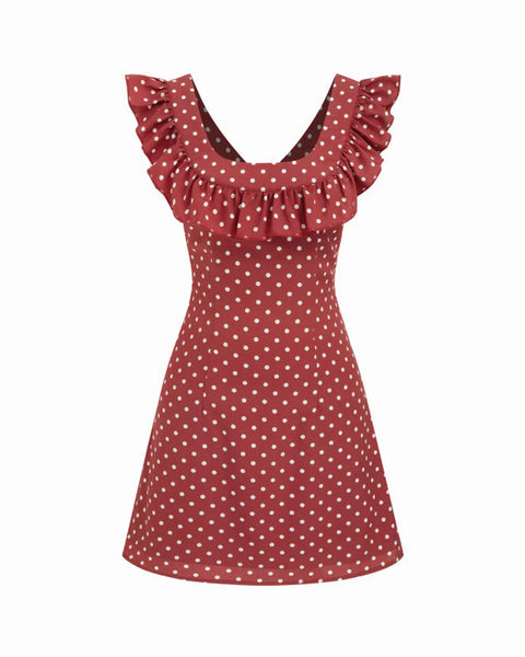 Polka Dot U-neckline Ruffled A-line Mini Dress
