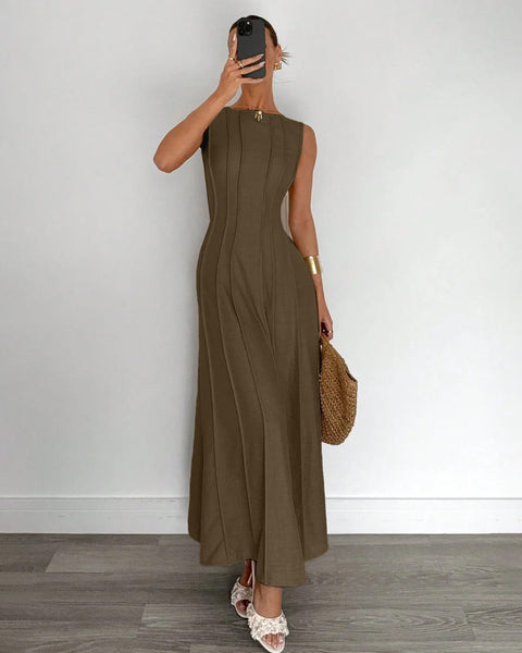 Split Pleated Waist A-Line Maxi Dress in Chocolate Brown