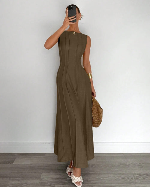Split Pleated Waist A-Line Maxi Dress in Chocolate Brown