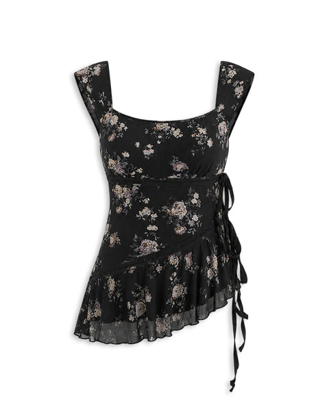 Sleeveless Square Neck Side Tie Ruffle Floral Top in Soft Black