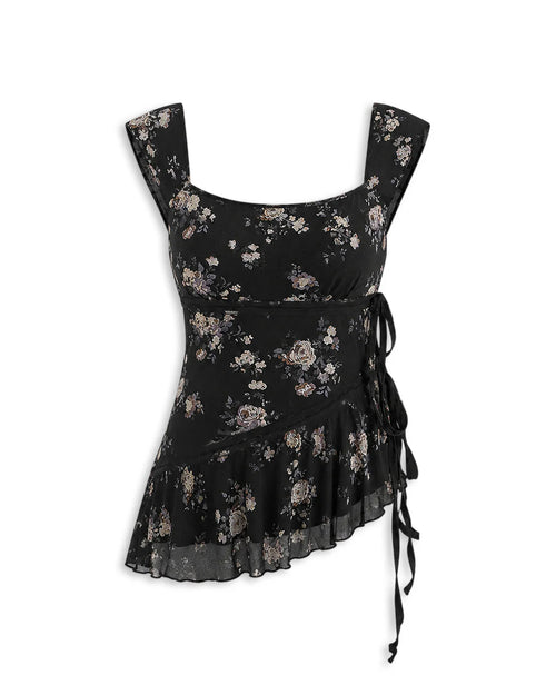 Sleeveless Square Neck Side Tie Ruffle Floral Top in Soft Black
