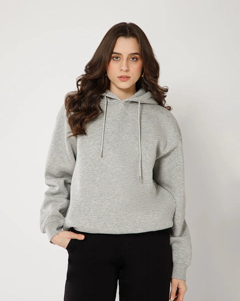 Womens Solid Drawstring Full Sleeve Hoodie in Milange