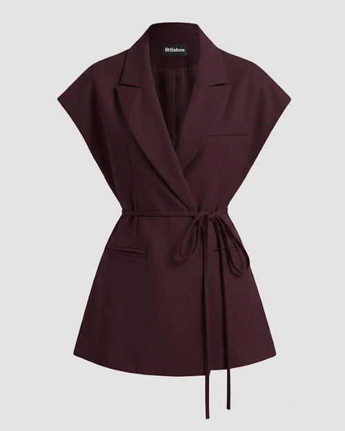 Collar Oversized Belted Sleeveless Blazer String Waistcoat