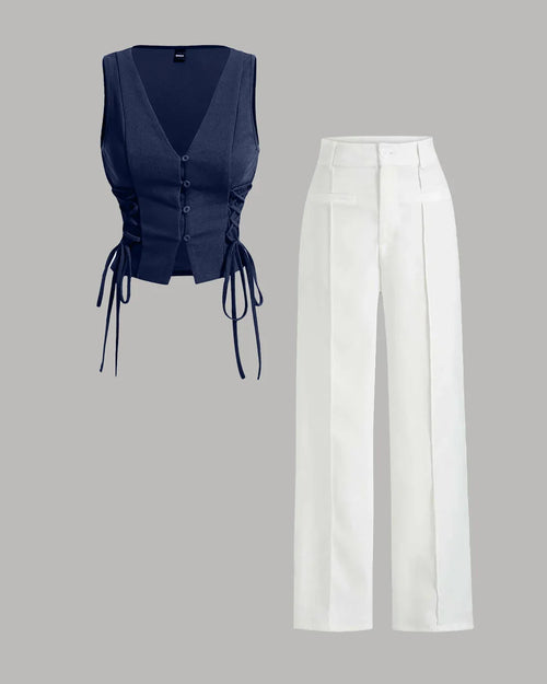 2-Piece Navy Corset Vest & Lace-Up Vest & White Wide-Leg Trouser Set Front View For Women | Littlebox India