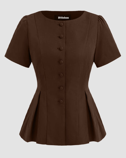 Boat Neck Pleated Button Short Sleeve Top in Brown