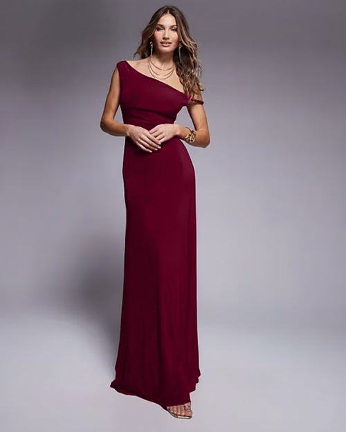 Off Shoulder Twist Slit Maxi Dress in Burgundy