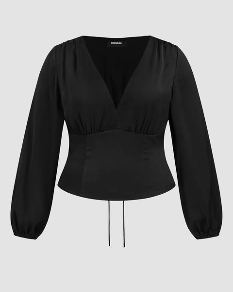 Satin V-neck Tie Back Long Sleeve Top Curve & Plus in Black