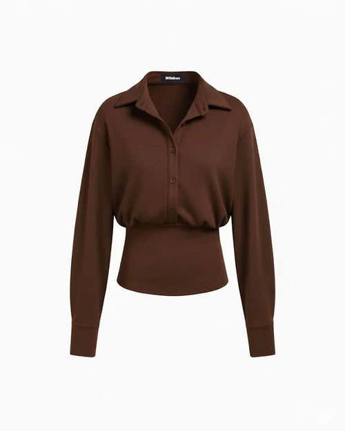Collar Button Cinched Waist Long Sleeve Top in Chocolate Fondae