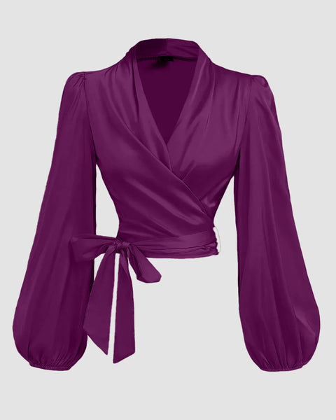 V-Neck Slim Fit Wrap Hem Solid Batwing Sleeve Short Sleeve in Glittery wine