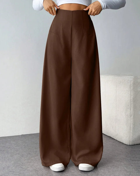 Minimalist High-Rise Wide-Leg Casual Trousers in Dark Brown