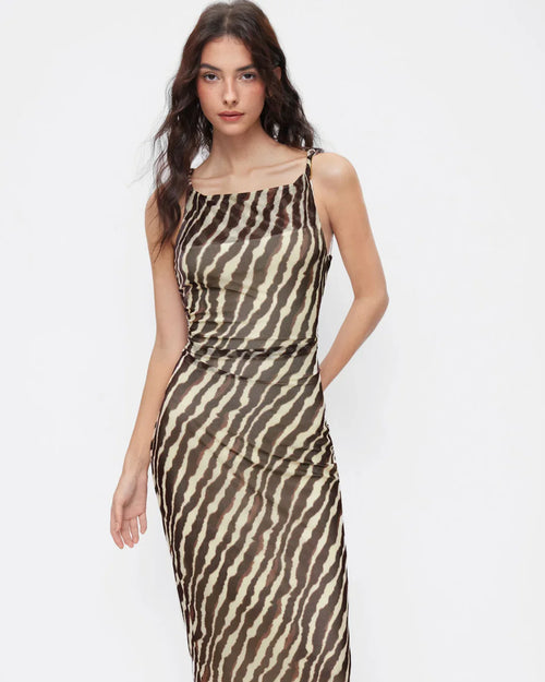 Zebra Stripe Mesh Boat Neck Twist Ruched Midi Dress