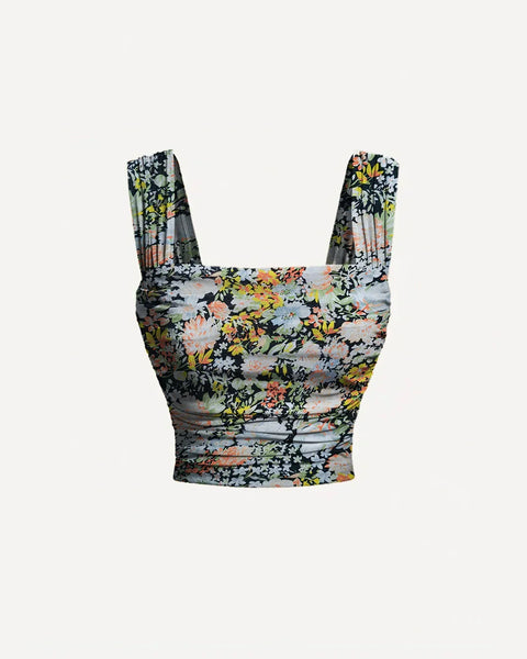 Square Neck Slim Fit Straight Hem Floral Print Sleeveless Crop Top