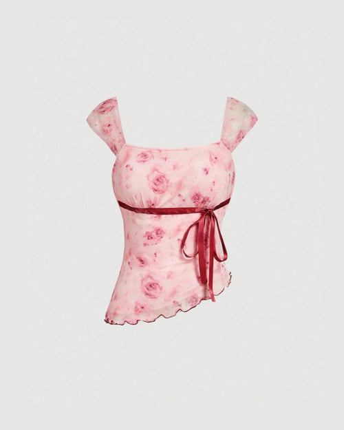 Asymmetrical Neck Floral Ruched Hem Top in Pink
