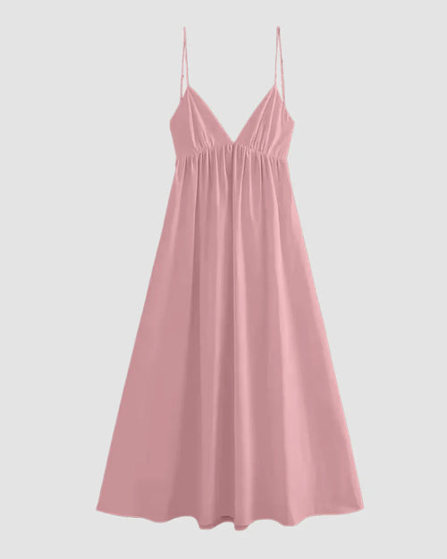 Solid Color Backless Spaghetti Strap Sleeveless Dress in Powder Pink