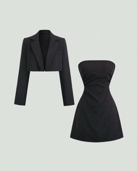 Cropped Blazer Jacket with Strapless Slim Fit Dress Two Piece Set in Black