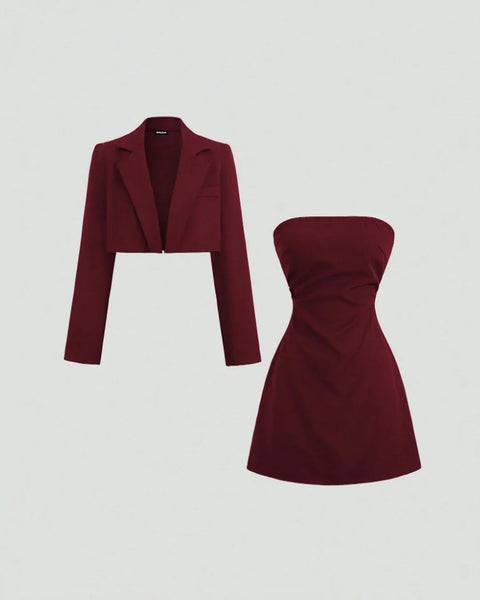 Cropped Blazer Jacket with Strapless Slim Fit Dress Two Piece Set in Merlot