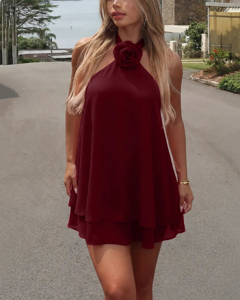 Red Halter Flower Tie Strap A-Line Backless Mini Dress