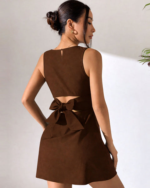 Dark Brown Sleeveless Woven Backless Bow Mini Dress