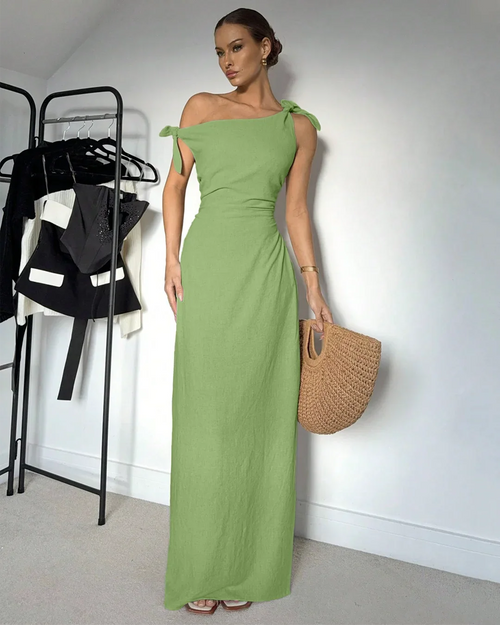 Asymmetrical Neck Slim Fit Solid Sleeveless Maxi Dress in Light pista