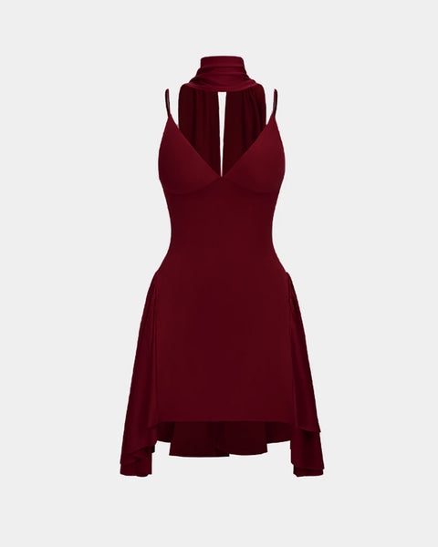 Halter Neck V-Neck Slip Sleeveless Mini Dress in Merlot