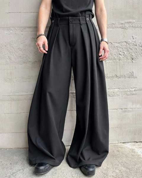 Men High-Waisted Pleated Wide-Leg Loose Casual Trousers in Black