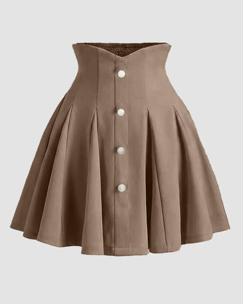 A-Line Fit Flared Hem Cinched Waist Pleated Skirt in Brown