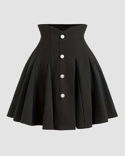 A-Line Fit Flared Hem Cinched Waist Pleated Skirt in Black