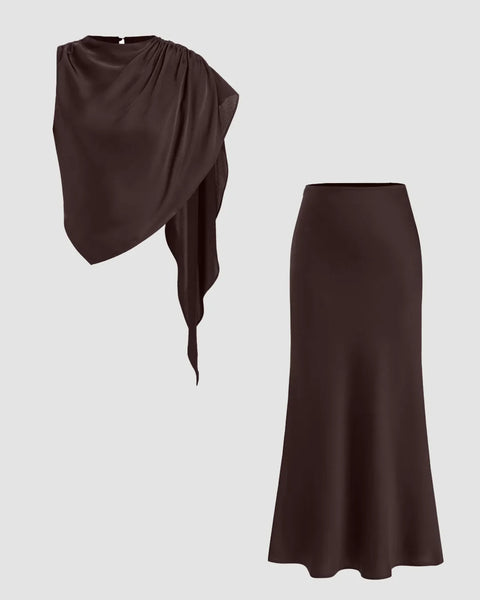 Satin Asymmetrical Ruched Cropped Top and Zipper Mermaid Maxi Skirt Set in Coffee