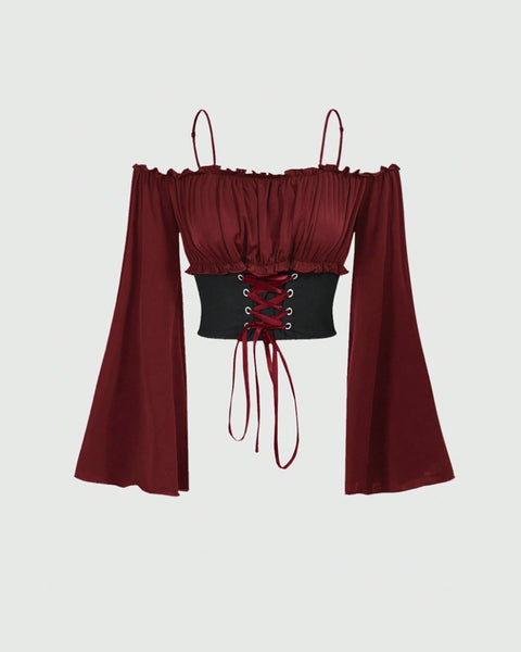 Off-Shoulder Slim Fit Solid Bell Sleeve Crop Top in Burgundy