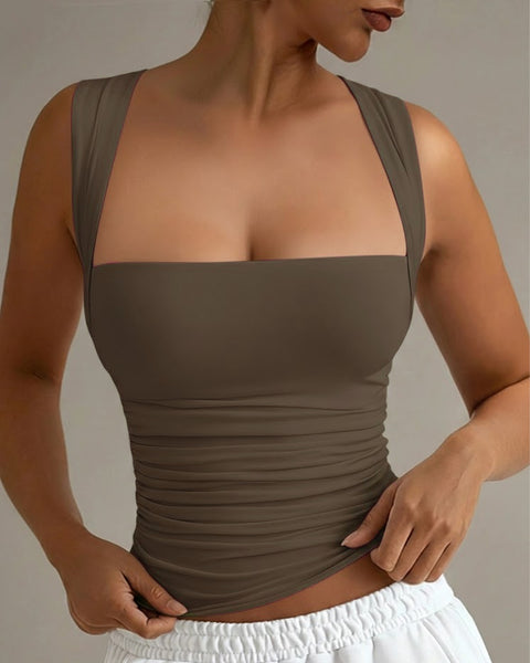 Square Neck Slim-Fit Straight Hem Solid Sleeveless Tank Top in Brown