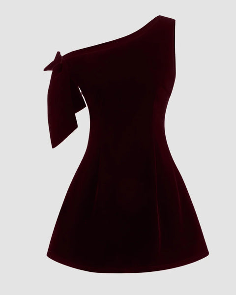 Velvet Asymmetrical Neck Bowknot Mini Dress in Maroon