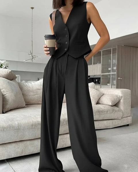 Solid V-Neck Waistcoat With Wide Leg Pants Set in Black