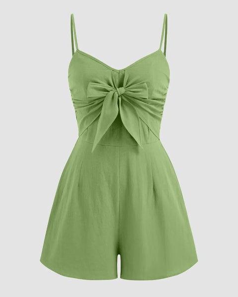 Bowknot Shirred Sleeveless V-Neck Spaghetti Strap Jumpsuit in Light Pista
