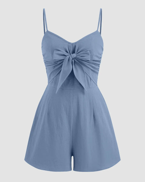 Bowknot Shirred Sleeveless V-Neck Spaghetti Strap Jumpsuit in French Blue