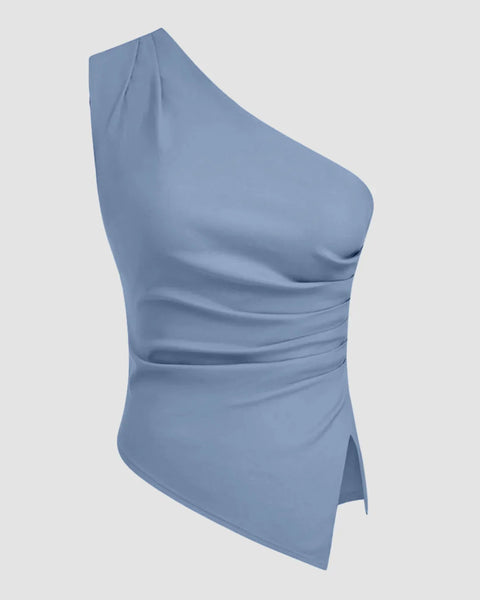 Asymmetrical Ruched Split Tank Top in French Blue