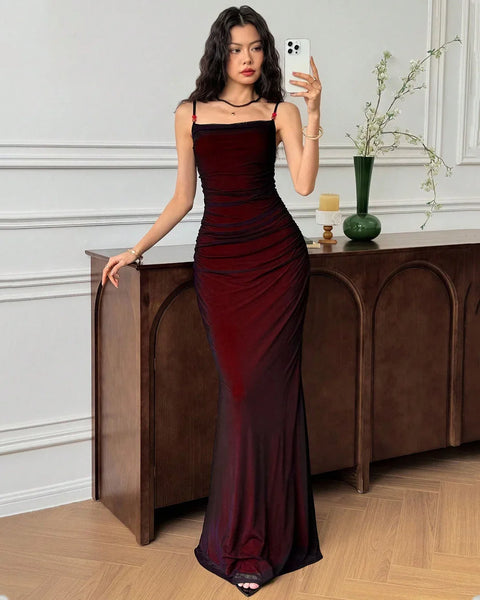 Square Neck Ruched Fishtail Hem Fitted Bodycon Maxi Dress in Black