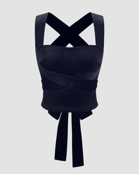 Velvet Square Neck Solid Criss Cross Knotted Crop Tank Top in Navy Blue