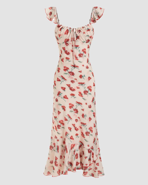 Chiffon Floral Sweetheart Neck Ruffle Hem Maxi Dress