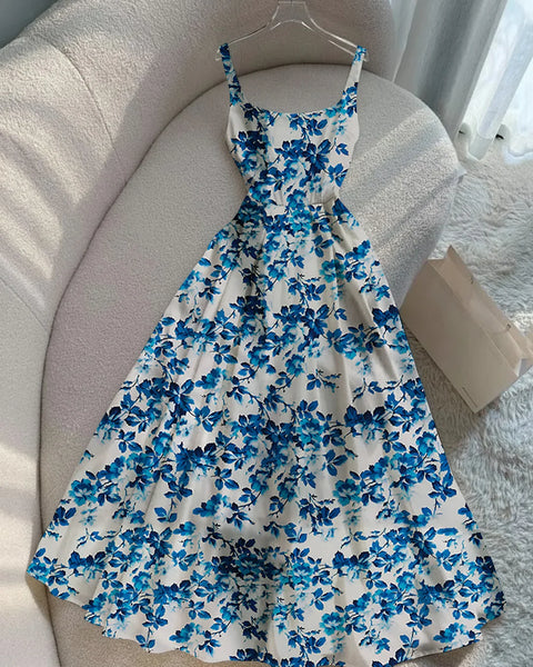 Sleeveless Square Neck Fit & Flare Floral Maxi Dress in White and Blue