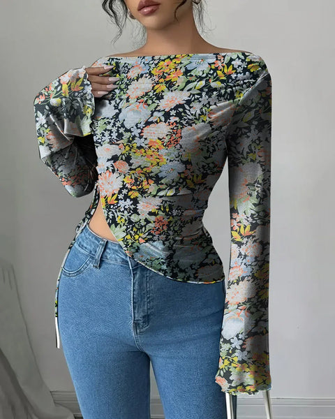Floral Boat Neck Slim Fit Asymmetrical Hem Full Sleeve Top