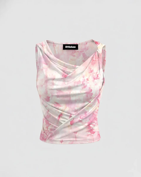 Cowl Neck Slim Fit Straight Hem Sleeveless Crop Top in Pink & White