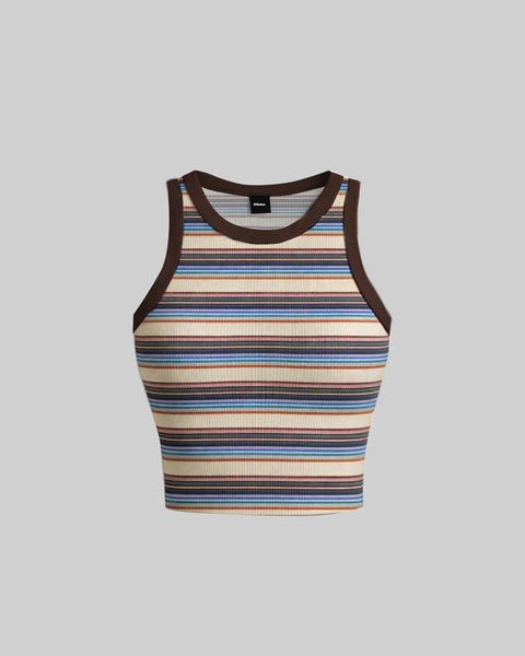 Round Neck Striped Pattern Sleeveless Tank Top
