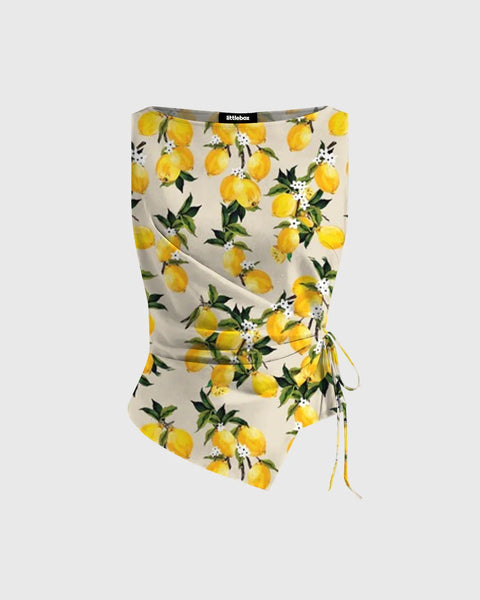 Floral Asymmetrical Ruched Side Tie Sleeveless Top in Yellow